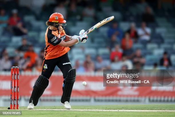 Nat Sciver-Brunt of the Scorchers bats during The Challenger WBBL finals match between Perth Scorchers and Brisbane Heat at WACA, on November 29 in...