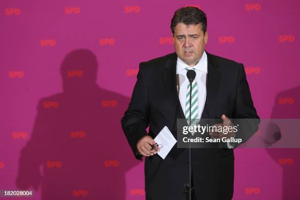 Sigmar Gabriel, Chairman of the German Social Democrats , speaks to the media at SPD headquarters during a break in a conference of 200 leading SPD...