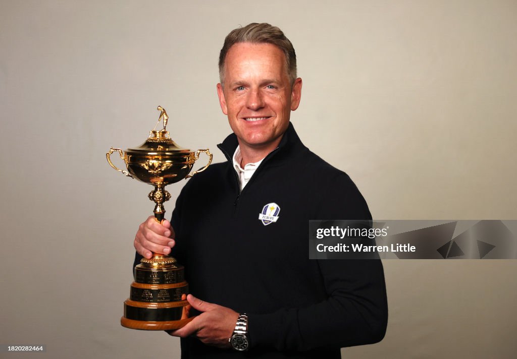 European Ryder Cup Captain, Luke Donald poses with the Ryder Cup on