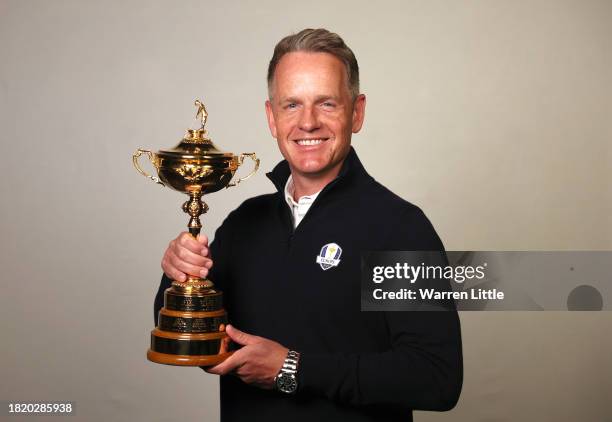 European Ryder Cup Captain, Luke Donald poses with the Ryder Cup on November 28, 2023 in London, England.