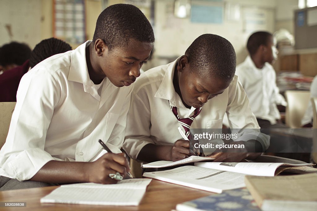 Portrait of two South African boys studying in rural classroom