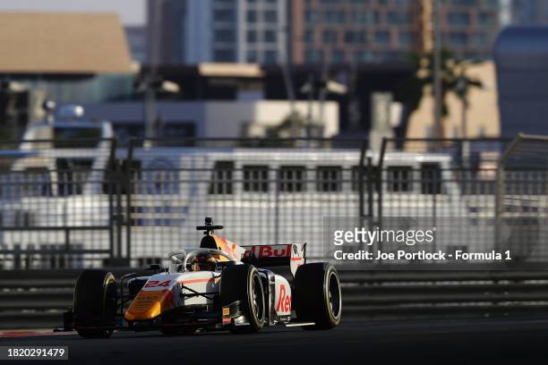 Isack Hadjar of France and Campos Racing drives on track during day 1 of Formula 2 testing at Yas Marina Circuit on November 29, 2023 in Abu Dhabi,...