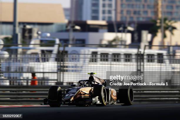 Joshua Mason of Great Britain and PHM Racing drives on track during day 1 of Formula 2 testing at Yas Marina Circuit on November 29, 2023 in Abu...