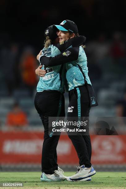 Mignon Du Preez and Amelia Kerr of the Heat celebrate winning The Challenger WBBL finals match between Perth Scorchers and Brisbane Heat at the WACA,...