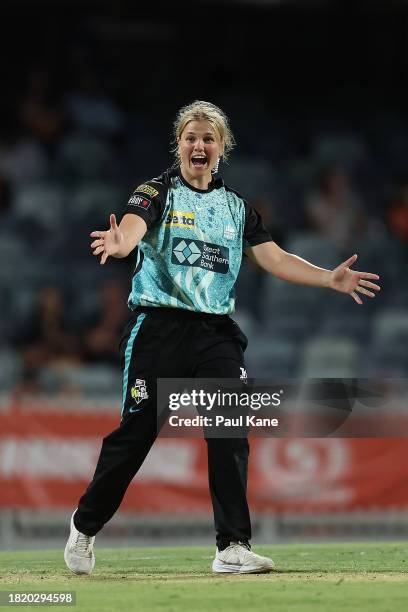 Georgia Voll of the Heat reacts during The Challenger WBBL finals match between Perth Scorchers and Brisbane Heat at the WACA, on November 29 in...