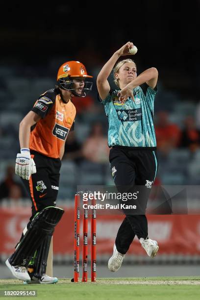 Georgia Voll of the Heat bowls during The Challenger WBBL finals match between Perth Scorchers and Brisbane Heat at the WACA, on November 29 in...