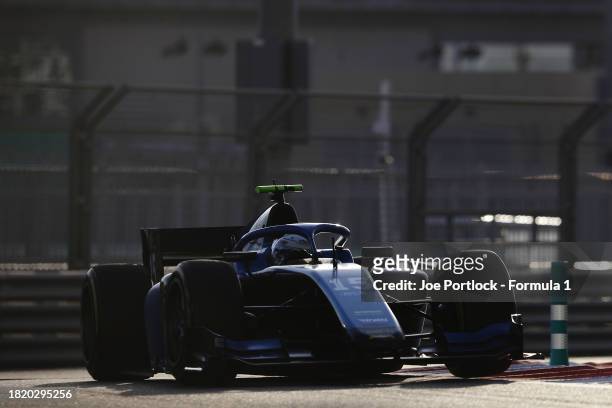 Kush Maini of India and Invicta Virtuosi Racing drives on track during day 1 of Formula 2 testing at Yas Marina Circuit on November 29, 2023 in Abu...
