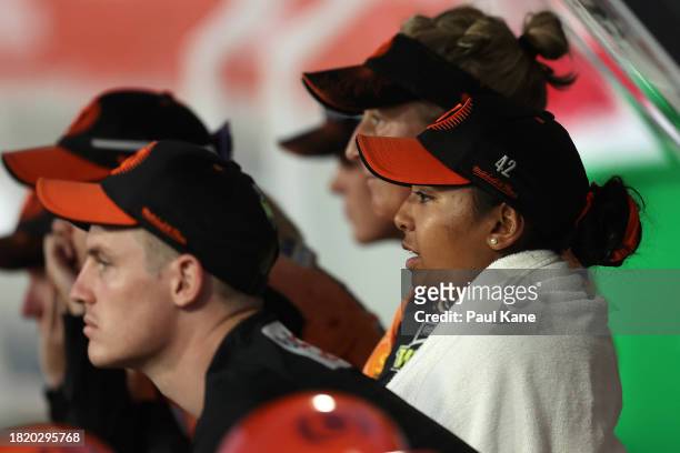 Alana King of the Scorchers looks on from the dug-out during The Challenger WBBL finals match between Perth Scorchers and Brisbane Heat at the WACA,...