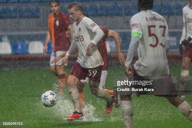 Isaak Hansen-Aareen of Manchester United rides the ball during the UEFA Youth League match between Galatasaray A.S. And Manchester United at on...