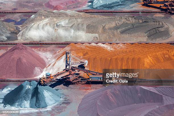 ore and conveyor belt aerial - mining natural resources stock pictures, royalty-free photos & images