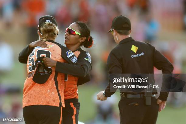 Alana King of the Scorchers celebrates after taking the wicket of Laura Harris of the Heat during The Challenger WBBL finals match between Perth...