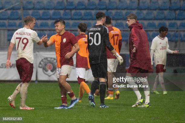 Galatasaray players celebrate their win against Manchester United during the UEFA Youth League match between Galatasaray A.S. And Manchester United...