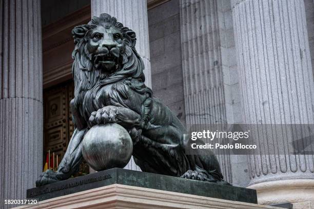 View of the lions in front the Congreso de los Diputados prior the solemn opening of the 15th legislature at the Spanish Parliament 29, 2023 in...