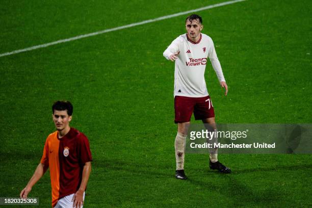 James Nolan of Manchester United reacts during the UEFA Youth League match between Galatasaray A.S. And Manchester United at on November 29, 2023 in...