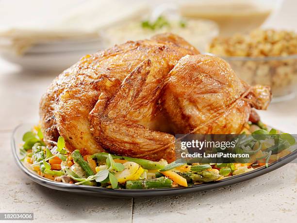 roast chicken dinner - cooked turkey white plate stockfoto's en -beelden