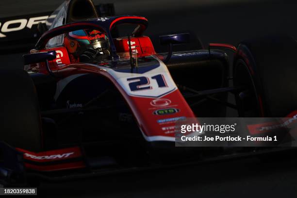 Oliver Goethe of Germany and Trident drives on track during day 1 of Formula 2 testing at Yas Marina Circuit on November 29, 2023 in Abu Dhabi,...
