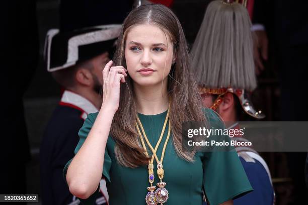 Crown Princess Leonor of Spain watches a military parade after the solemn opening of the 15th legislature at the Spanish Parliament 29, 2023 in...