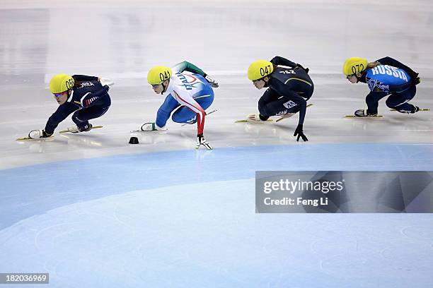 Kim Alang of Korea, Arianna Fontana of Italy, Sayuri Shimizu of Japan and Tatiana Borodulina of Russia compete in the Men's 1000m Preliminaries...