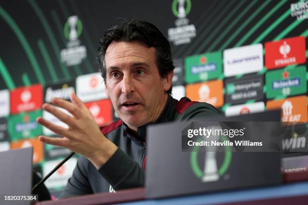 Unai Emery head coach of Aston Villa talks to the press during a press conference at Aston Villa's Bodymoor Heath training ground on November 29,...