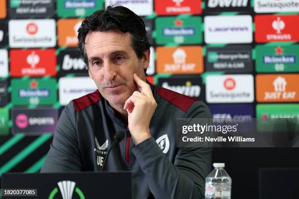 Unai Emery head coach of Aston Villa talks to the press during a press conference at Aston Villa's Bodymoor Heath training ground on November 29,...