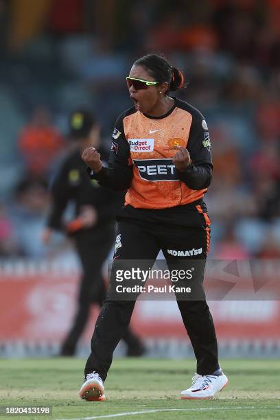 Alana King of the Scorchers celebrates the wicket of Laura Harris of the Heat during The Challenger WBBL finals match between Perth Scorchers and...