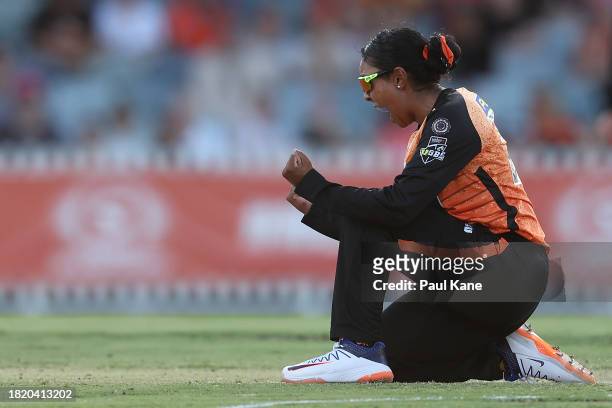 Alana King of the Scorchers celebrates the wicket of Laura Harris of the Heat during The Challenger WBBL finals match between Perth Scorchers and...