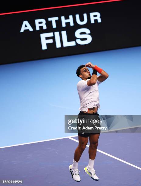 Arthur Fils of France celebrates after victory in his second round robin match against Fabio Cobolli of Italy during day two of the Next Gen ATP...