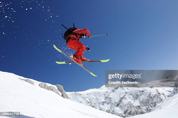 extreme free ride skier in mid air - extreme skiing stock pictures, royalty-free photos & images