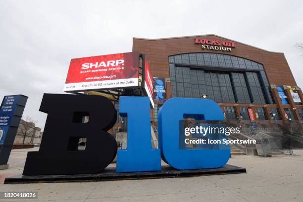 Big Ten logo is seen outside of Lucas Oil Stadium before the Big Ten Championship Game between the Michigan Wolverines and the Iowa Hawkeyes on...