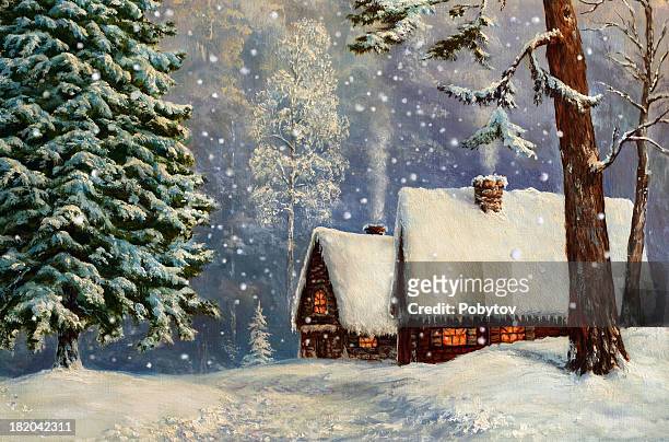 christmas fairyland - log cabin illustration stock illustrations