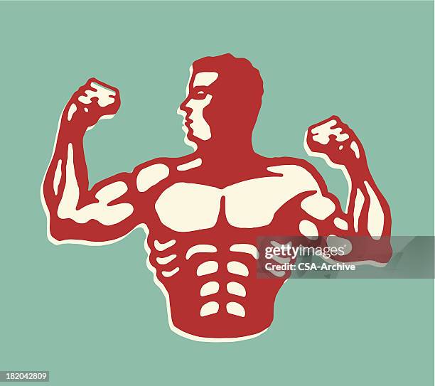 ilustraciones, imágenes clip art, dibujos animados e iconos de stock de muscular man flexión biceps - brazo pesa