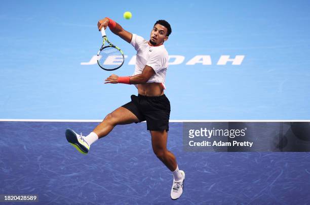 Arthur Fils of France hits a smash in his second round robin match against Fabio Cobolli of Italy during day two of the Next Gen ATP Finals at King...
