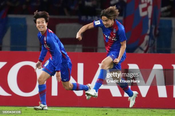 Jumma Miyazaki of Ventforet Kofu celebrates scoring his side's third goal during the AFC Champions League Group H match between Ventforet Kofu and...