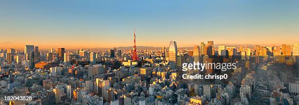 aerial panoramic view of tokyo at sunrise (xxxl) - japan sunrise stockfoto's en -beelden
