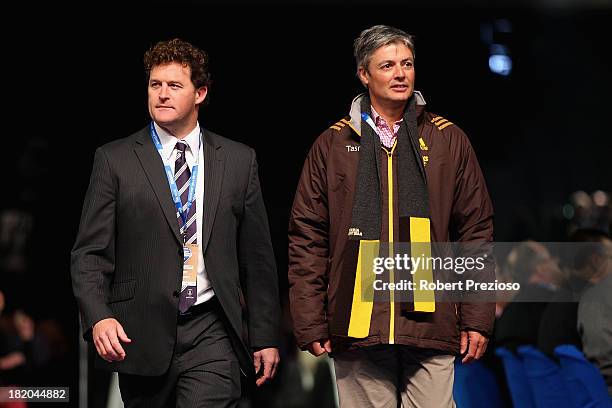 Fremantle Vice President Ben Allan and Hawthorn President Andrew Newbold arrive for the 2013 Blackwoods North Melbourne Grand Final Breakfast at...