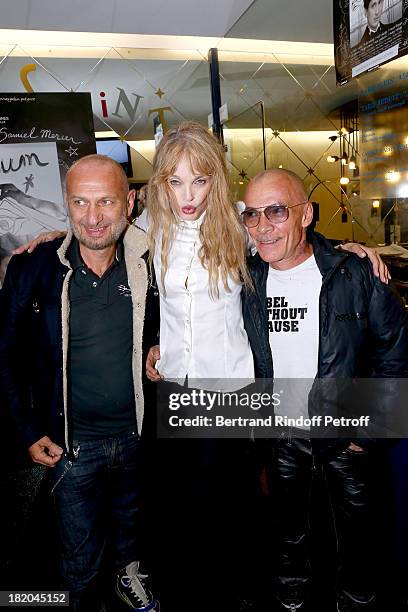 Director of the movie Arielle Dombasle between Photographers Pierre and Gilles attend 'Opium' movie Premiere, held at Cinema Saint Germain in Paris...