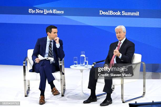 Andrew Ross Sorkin and Jamie Dimon speak onstage during The New York Times Dealbook Summit 2023 at Jazz at Lincoln Center on November 29, 2023 in New...