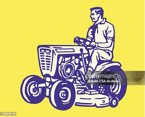 illustrazioni stock, clip art, cartoni animati e icone di tendenza di uomo guida trattore tosaerba - tagliaerba