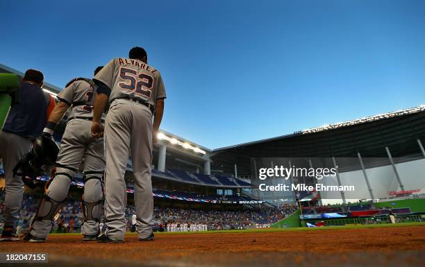 Jose Alvarez of the Detroit Tigers looks on during a game against the Miami Marlins at Marlins Park on September 27, 2013 in Miami, Florida.