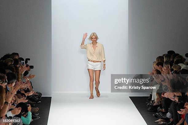 Vanessa Bruno acknowledges the audience during the Vanessa Bruno show as part of Paris Fashion Week Womenswear Spring/Summer 2014 on September 27,...