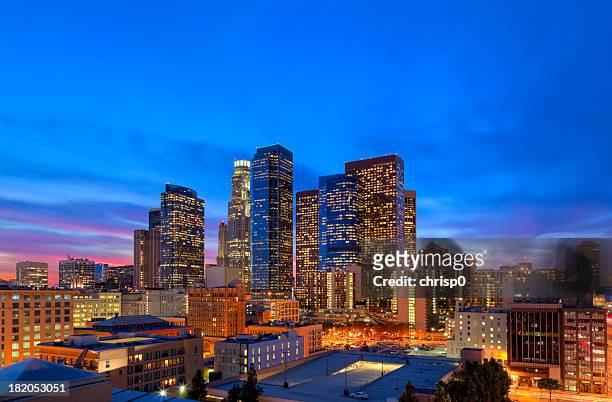 downtown los angeles at dusk - downtown los angeles aerial stock pictures, royalty-free photos & images