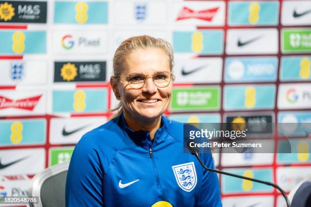 Sarina Wiegman, Manager of England, speaks to the media during a press conference at Hampden Park on December 04, 2023 in Glasgow, Scotland.
