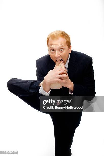 funny businessman foot in mouth on white - slimy businessman stock pictures, royalty-free photos & images