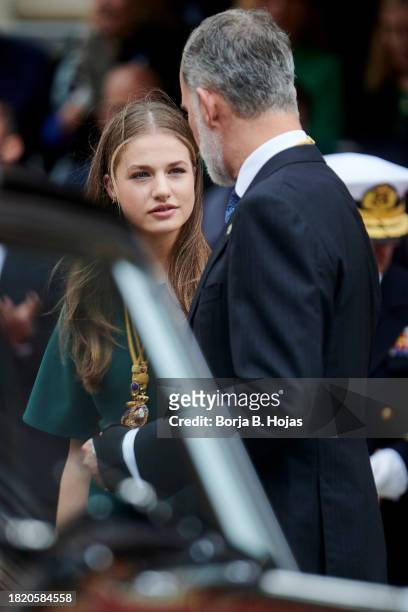 King Felipe VI of Spain and Crown Princess Leonor of Spain attend the solemn opening of the 15th legislature at the Spanish Parliamen on November 29,...