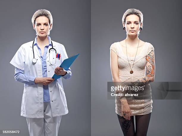 portrait of a tattooed person - woman uniform stock pictures, royalty-free photos & images