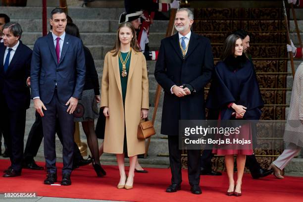 President of the Spanish Government Pedro Sanchez , King Felipe VI of Spain , Queen Letizia of Spain and Crown Princess Leonor of Spain attend the...