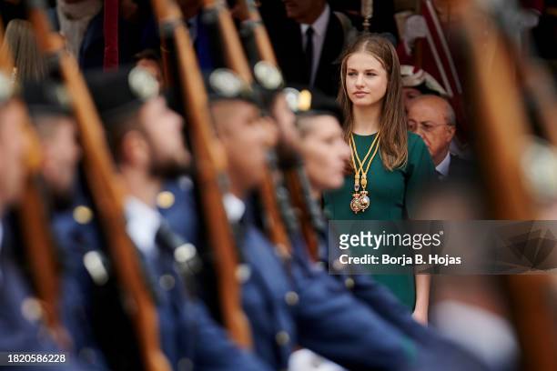 Crown Princess Leonor of Spain watches a military parade after the solemn opening of the 15th legislature at the Spanish Parliamenon November 29,...