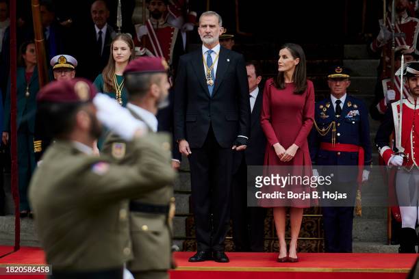 Crown Princess Leonor of Spain , King Felipe VI of Spain and Queen Letizia of Spain watch a military parade after the solemn opening of the 15th...
