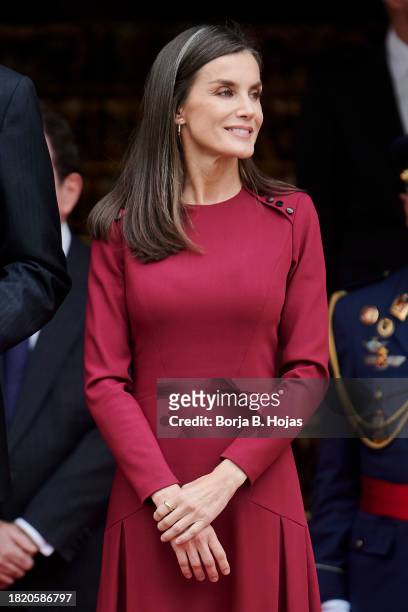 Queen Letizia of Spain watchs a military parade after the solemn opening of the 15th legislature at the Spanish Parliament on November 29, 2023 in...