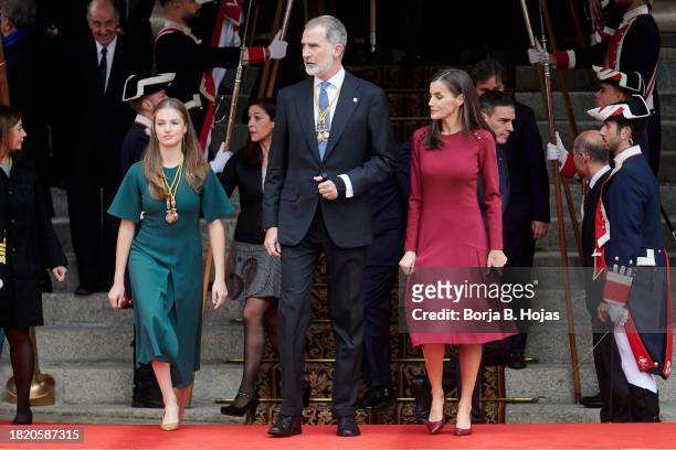 Crown Princess Leonor of Spain , King Felipe VI of Spain and Queen Letizia of Spain watch a military parade after the solemn opening of the 15th...